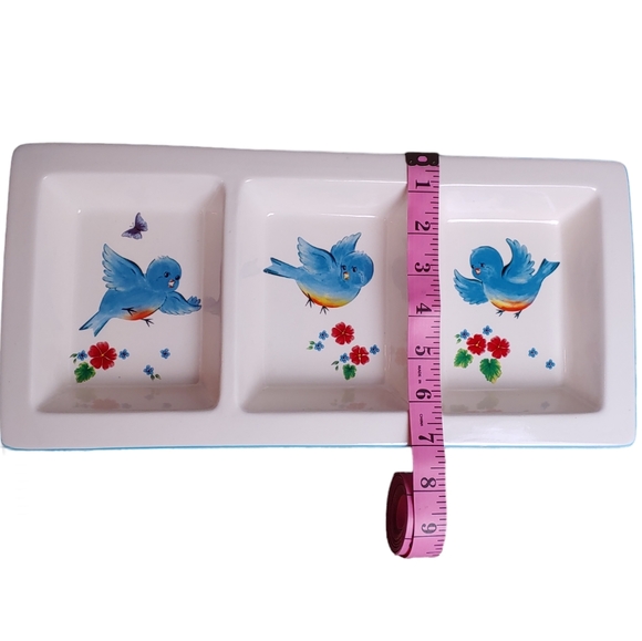 Snack Dip Tray Three Compartment Bluebirds Flowers Butterfly White Blue … - Picture 13 of 14